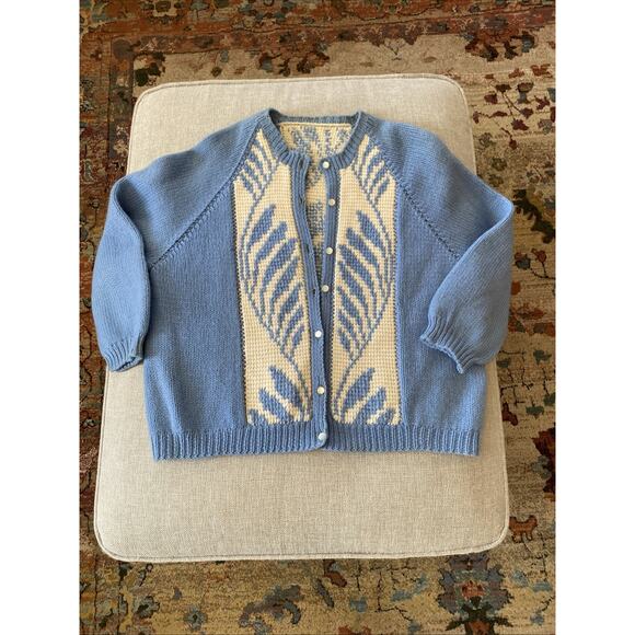 Vintage Hand Knit M/L Cardigan Button Sweater 100% Wool Wheat Print - Picture 4 of 7